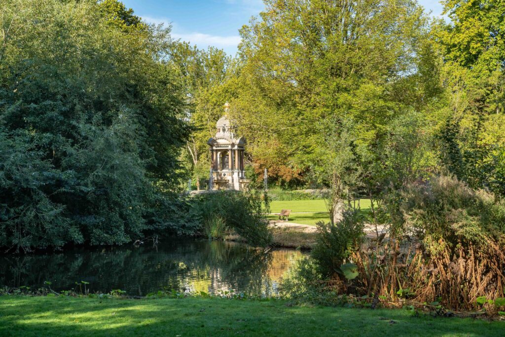 Garden with temple beside a pond
