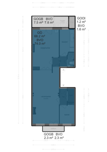 Apartment floor plan with dimensions and labels.
