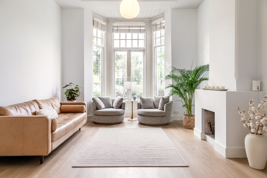 Modern living room with plants and windows