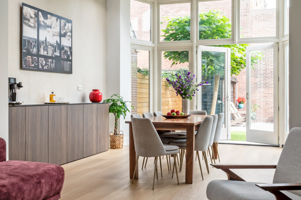 Modern dining room with garden view