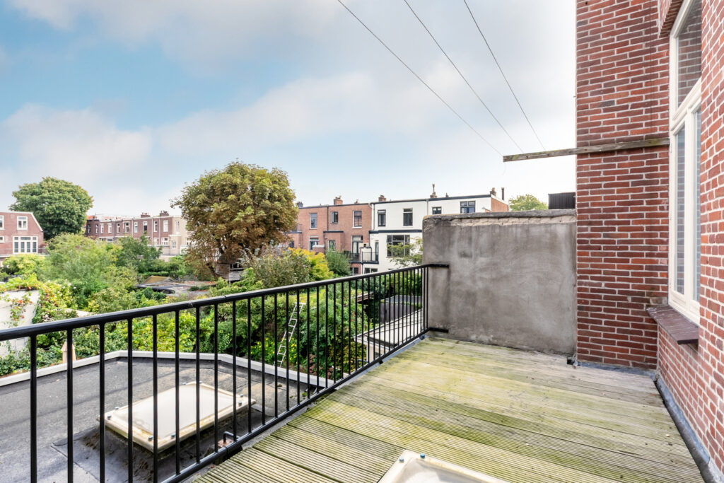 Rooftop terrace with urban view and greenery.