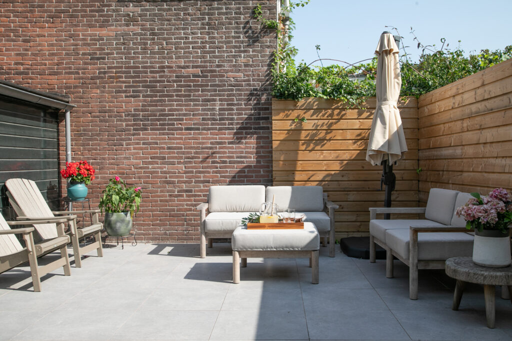 Outdoor patio with seating and plants