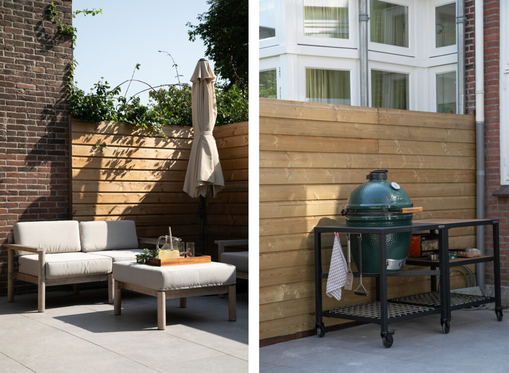 Outdoor patio with furniture and grilling station.