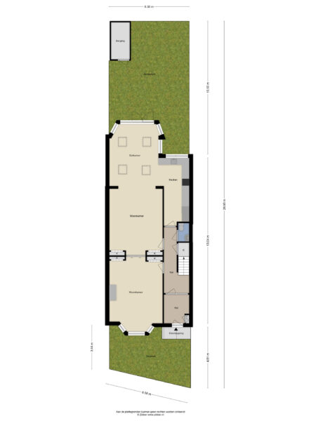 Home floor plan with garden and rooms labeled.
