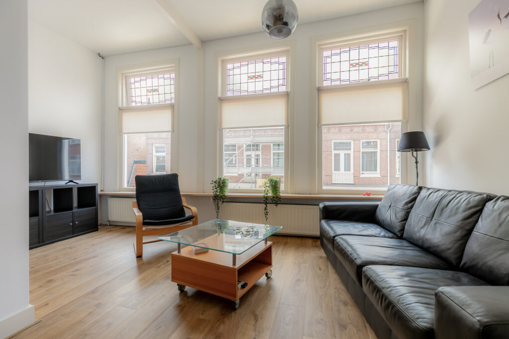 Modern living room with leather sofa and TV.