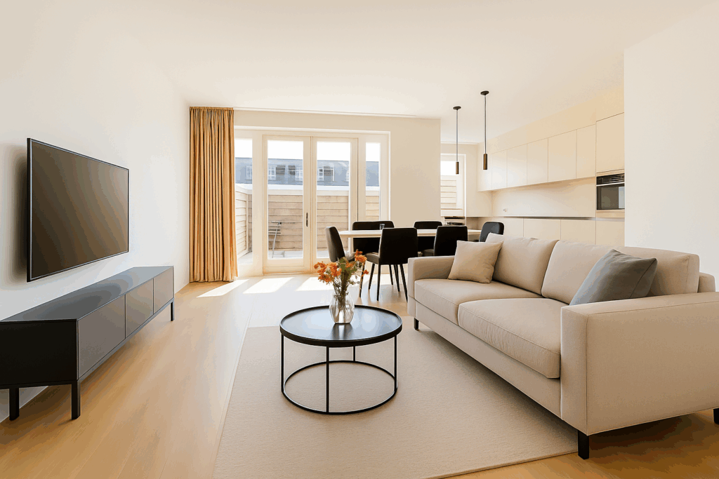 Modern living room and kitchen with natural light.