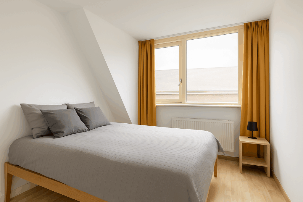 Minimalist bedroom with double bed and curtains