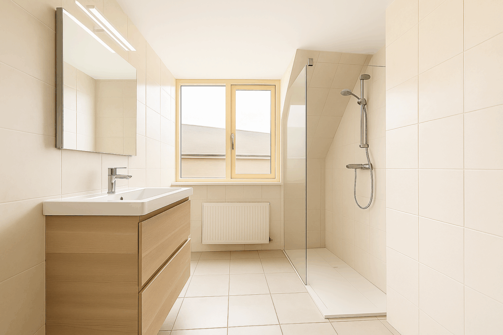 Modern bathroom with vanity and walk-in shower.
