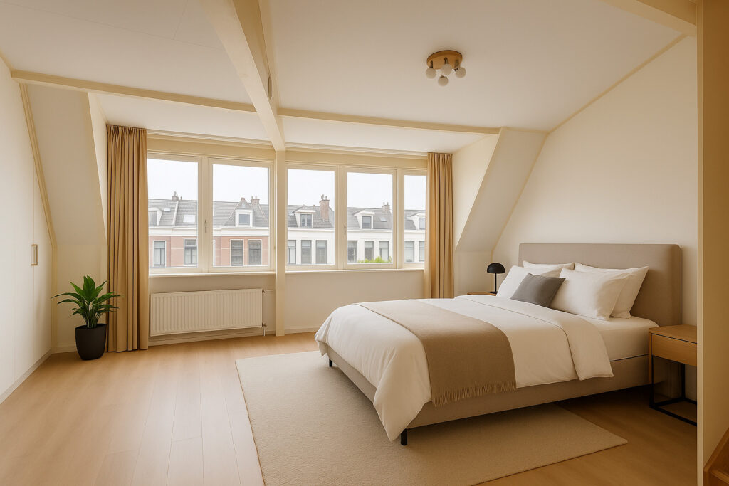 Cozy bedroom with large windows and beige decor.