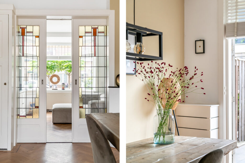 Bright room with stained glass and flower vase