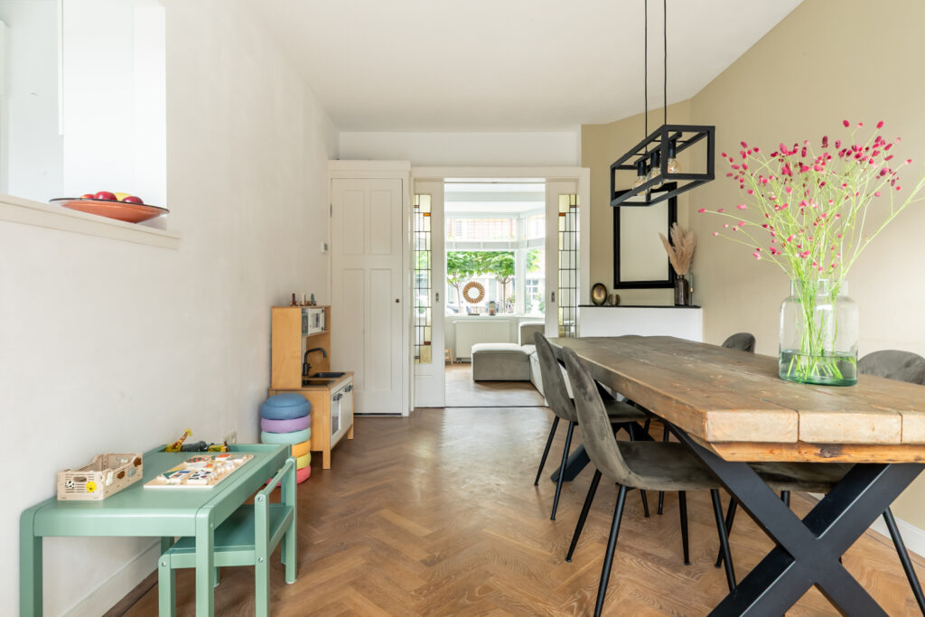 Modern dining room with wooden table and chairs