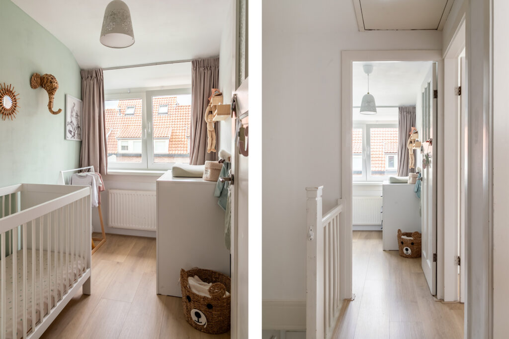 Cozy nursery room with light decor and crib.