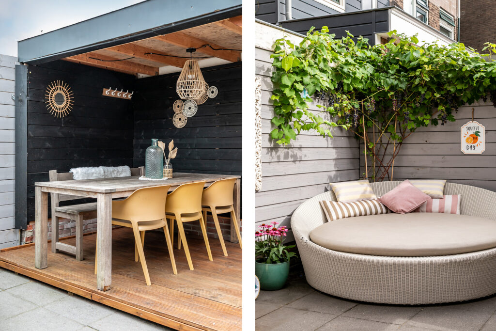 Outdoor patio with rustic dining and lounge areas.