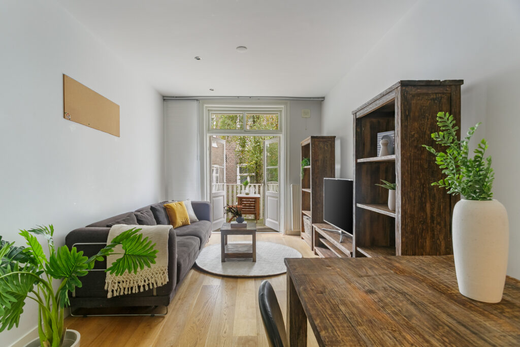 Stylish living room with plants and wooden furniture