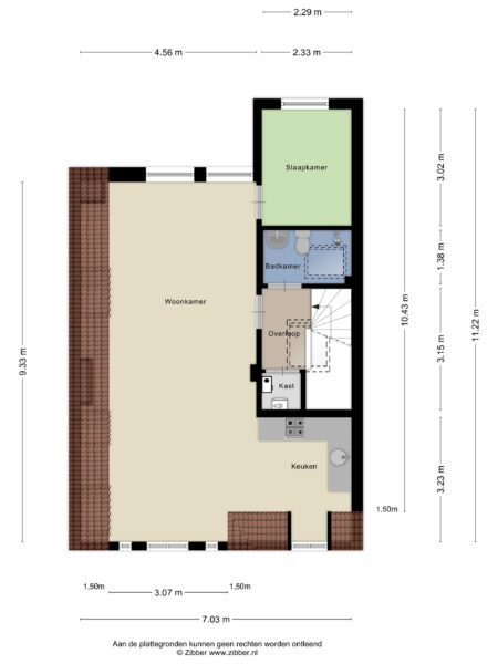 Floor plan with kitchen, living room, bedroom, bathroom.
