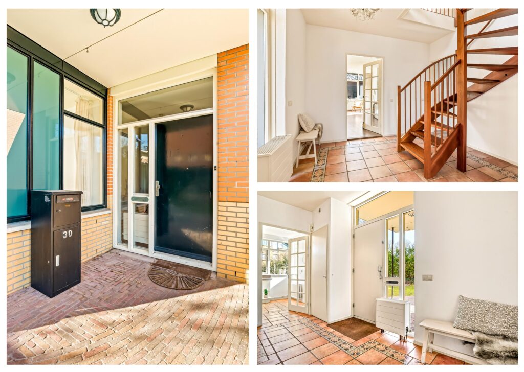 Modern entryway with staircase and natural lighting