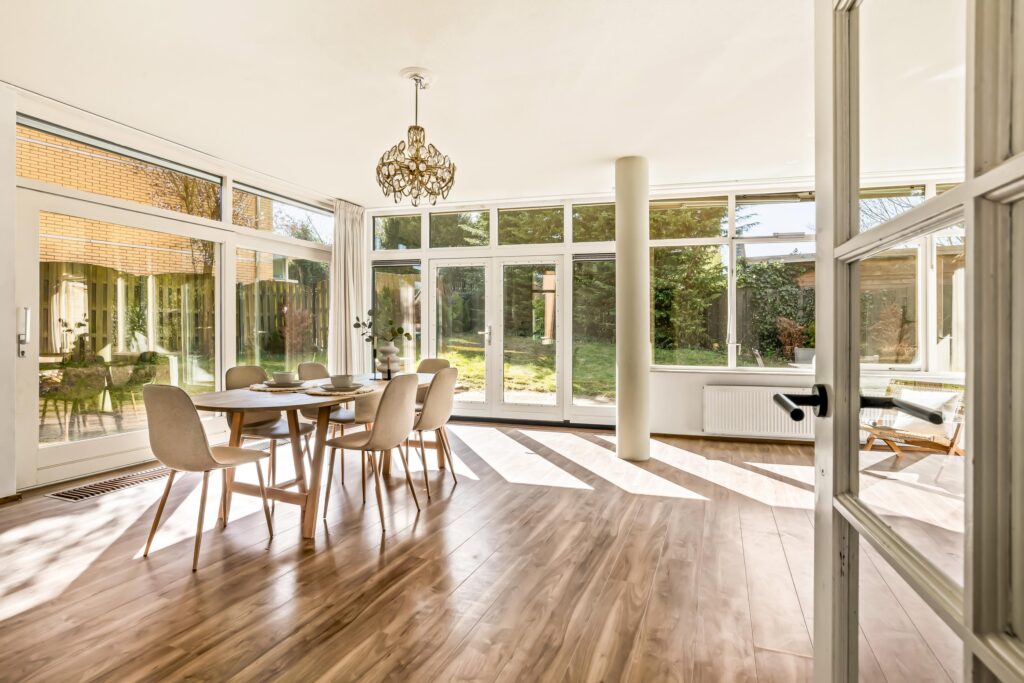 Bright dining room with garden view.
