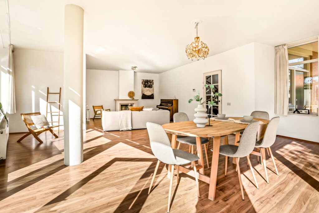 Spacious modern living room with dining area.