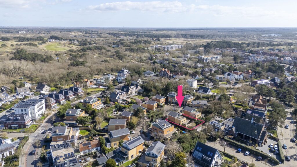 Aerial view of suburban houses and greenery.