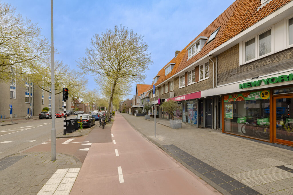 Urban street with bike lane and shops.