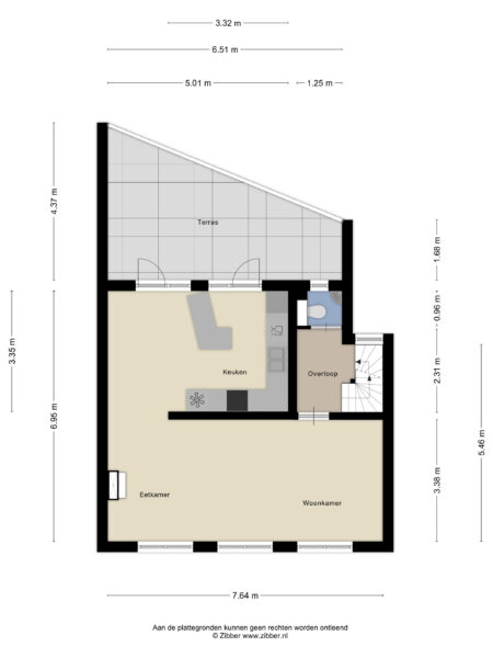 Floor plan with kitchen, living room, and terrace.