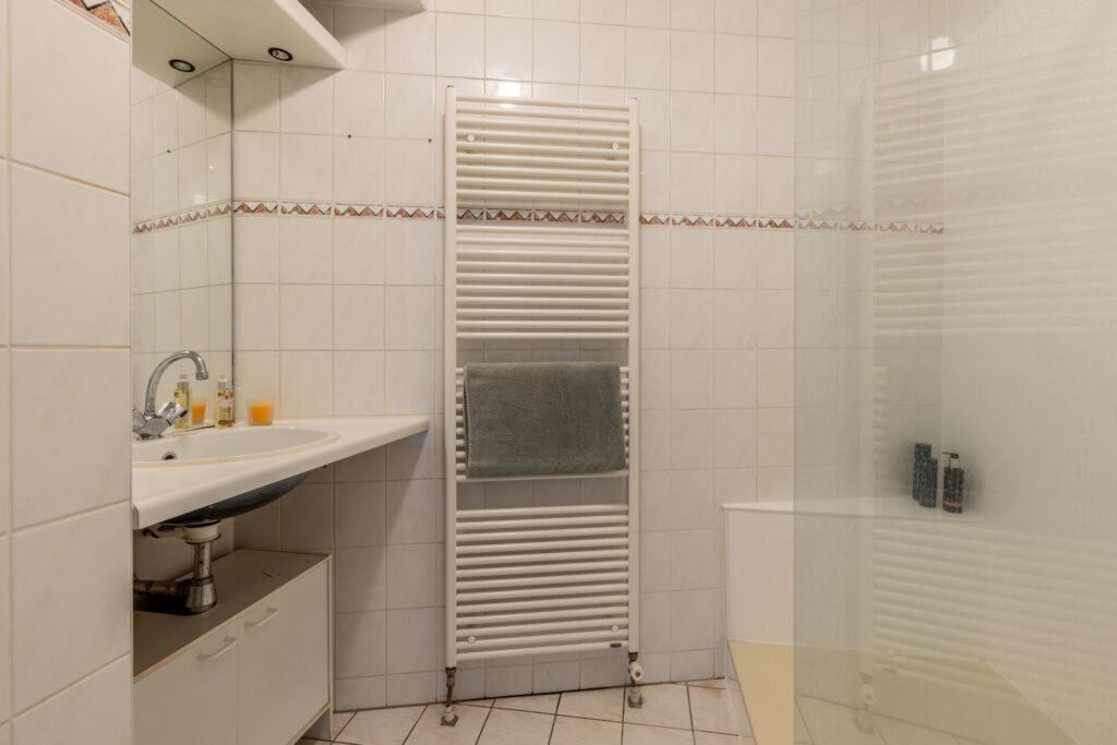 Modern bathroom with sink and towel radiator.
