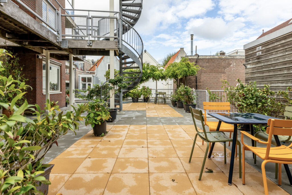 Outdoor patio with plants and spiral staircase.