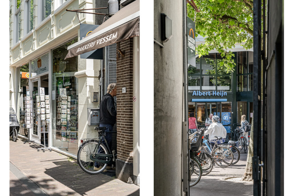 Street scene with bicycles and pedestrians.