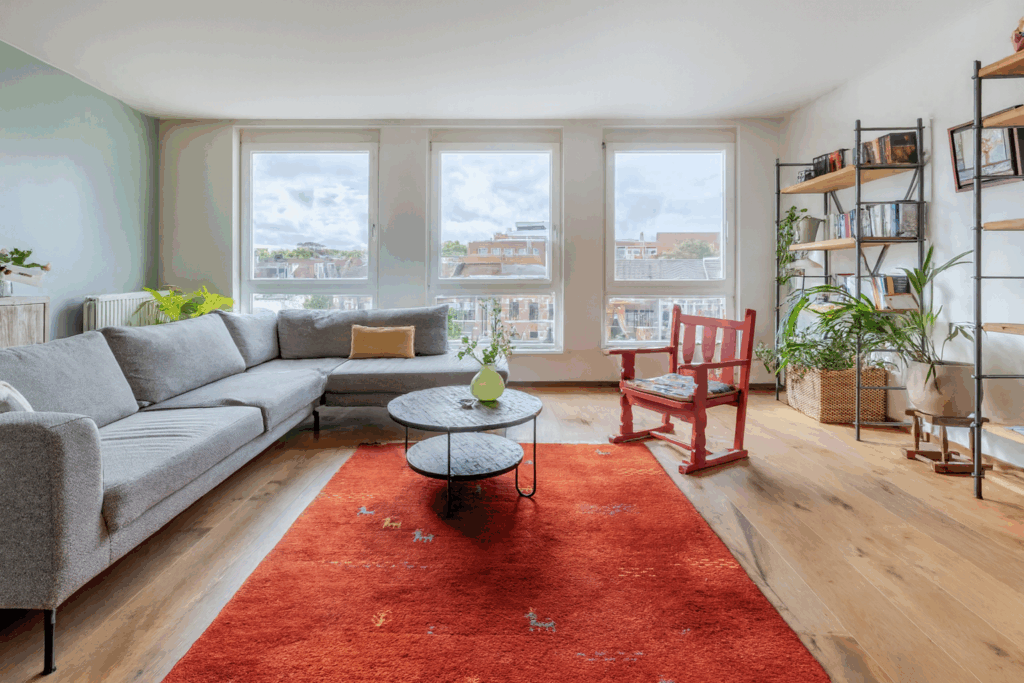 Modern living room with red rug and gray sofa.