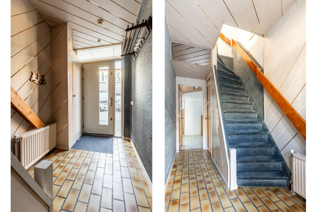Bright hallway with staircase and tiled floor