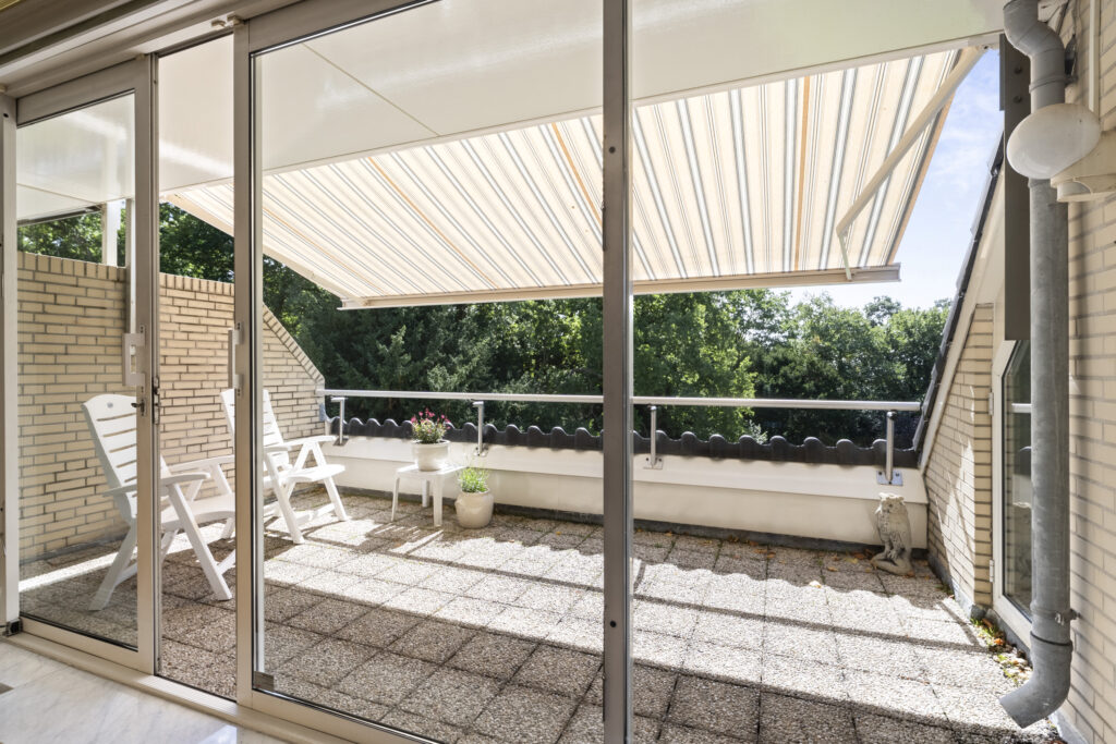 Sunny patio with chairs and potted plants