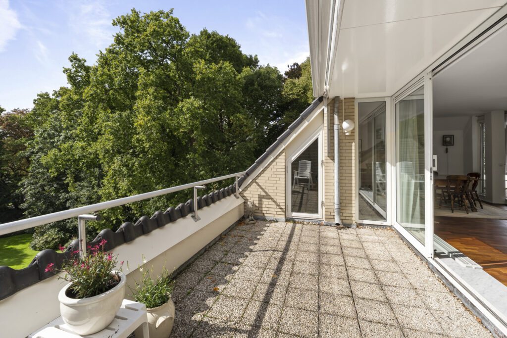 Sunny balcony with garden view and potted plants.