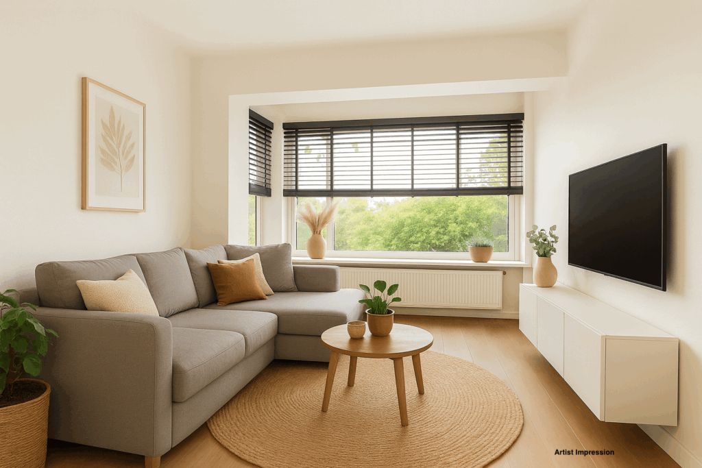 Modern living room with large windows and TV.