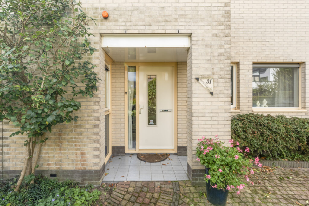 House entrance with plants and paved walkway.