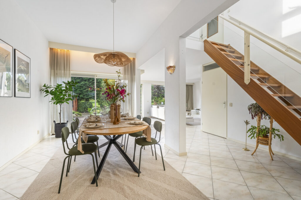 Modern dining room with staircase and garden view