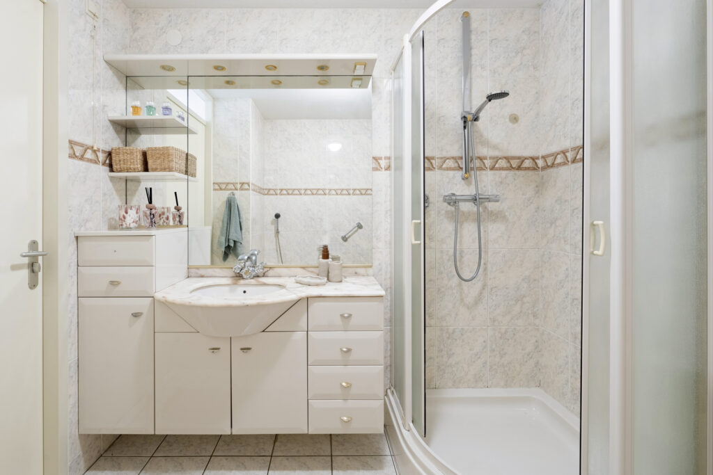 Modern bathroom with shower and vanity