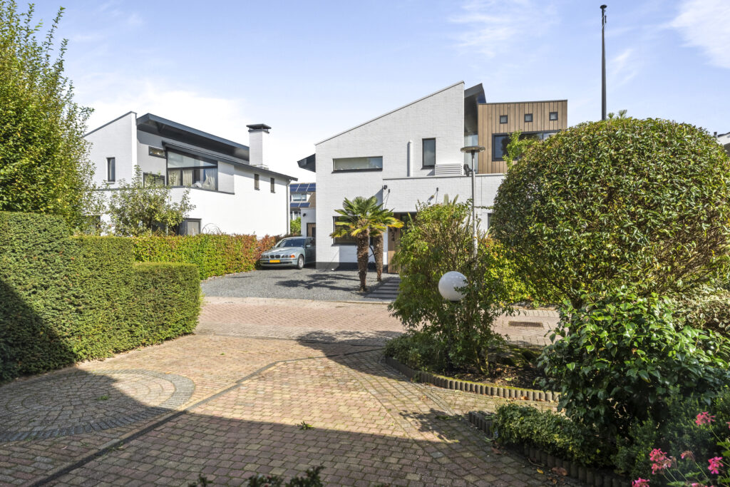 Modern houses with plants and driveway.