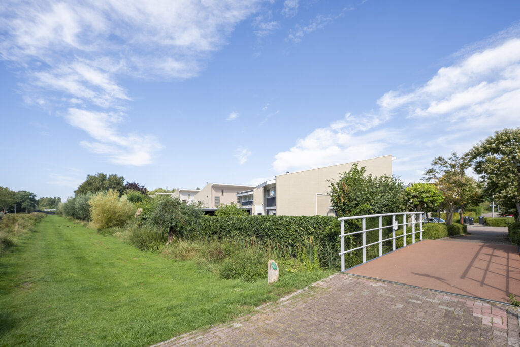 Modern homes and greenery under a blue sky.