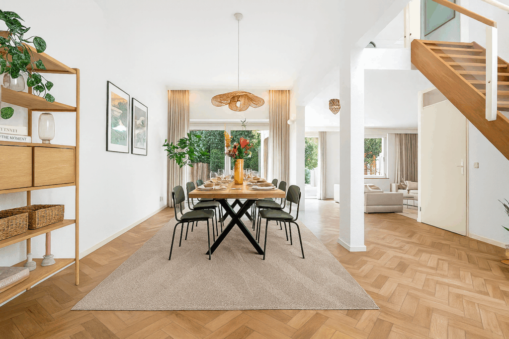 Modern dining room with wooden table and chairs