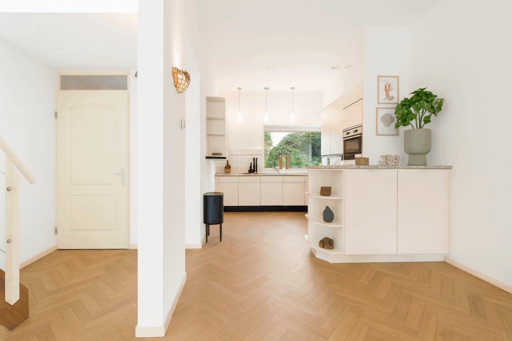 Minimalist modern kitchen with wood flooring