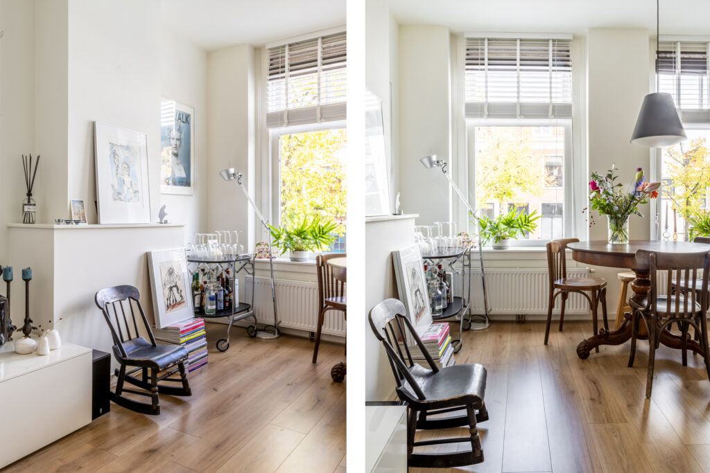 Bright dining room with plants and wooden furniture