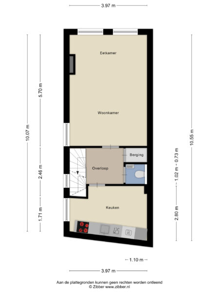 Floor plan with kitchen, living room, dining area.