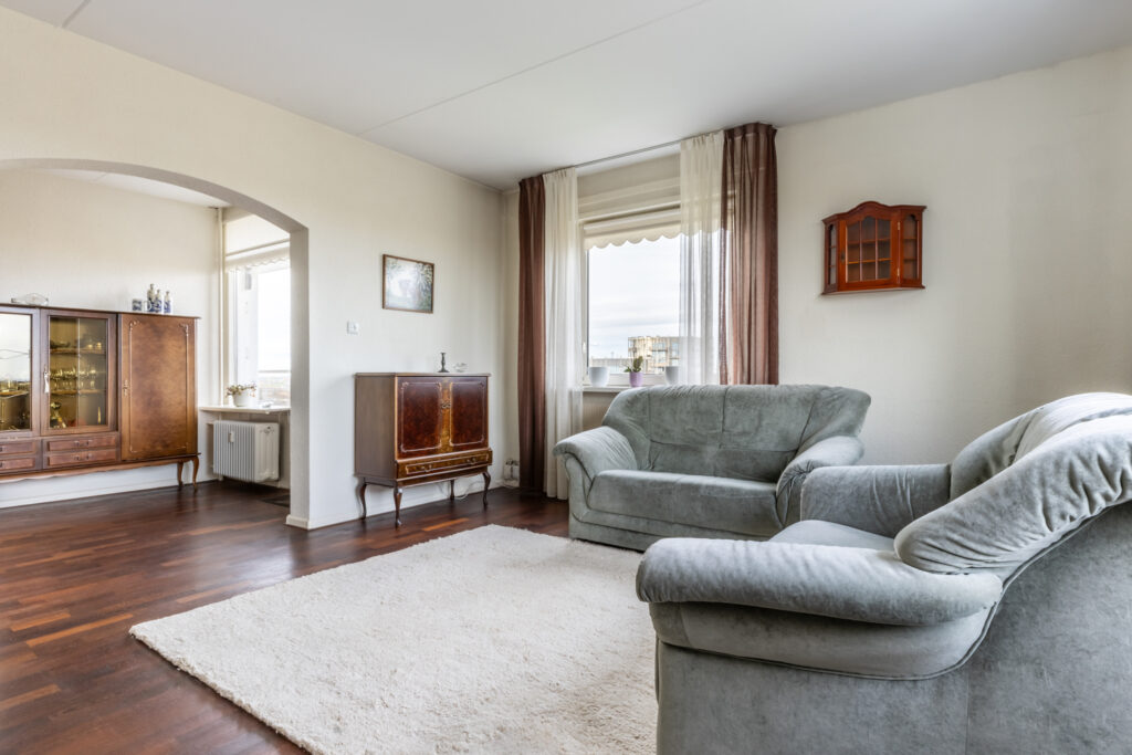 Cozy living room with vintage furniture and rug.