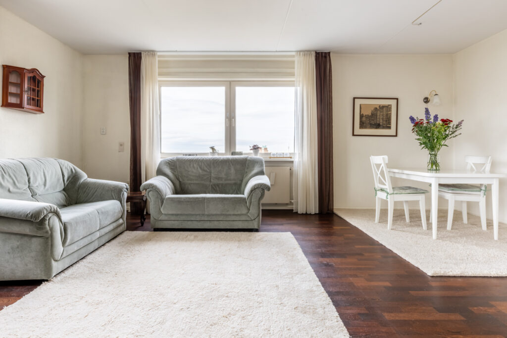 Bright living room with sofas and dining table.