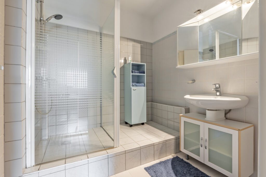 Modern bathroom with glass shower and vanity sink.