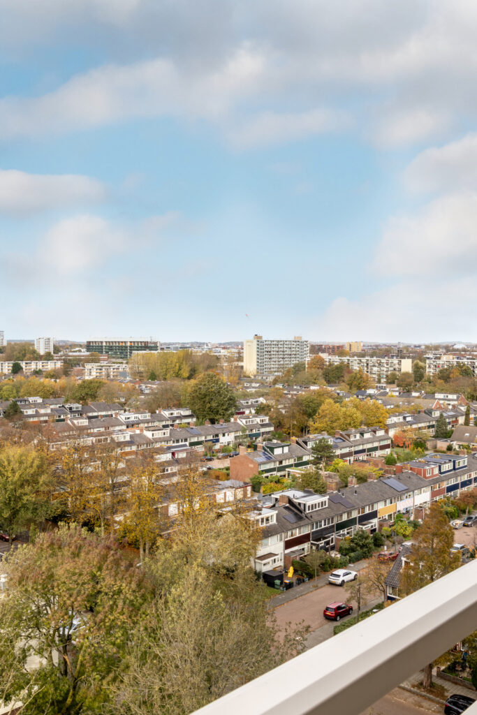 Aerial view of suburban houses and trees.