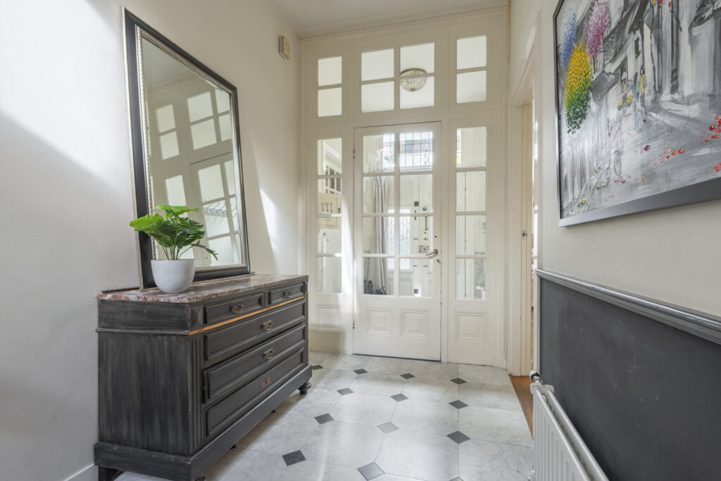 Bright hallway with mirror and potted plant.