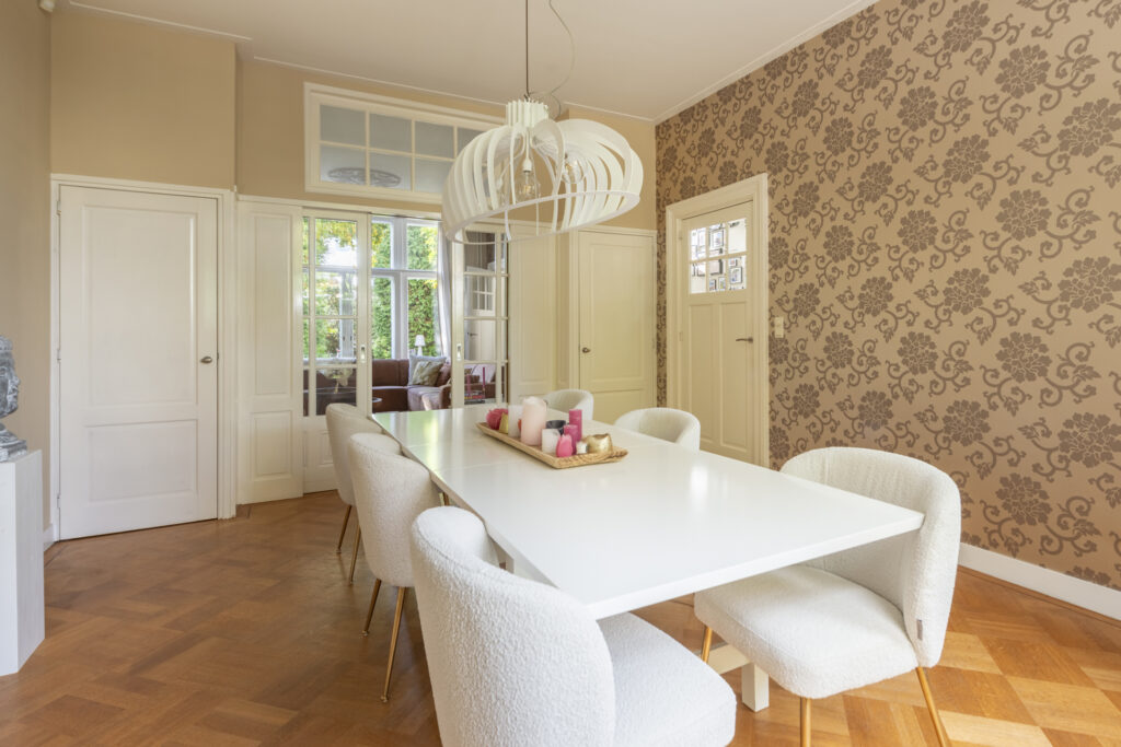 Elegant dining room with modern decor.