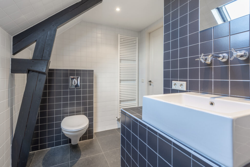 Modern bathroom with black and white tiles.