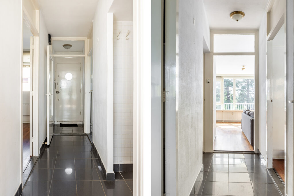 Two bright hallways with tiled floors.